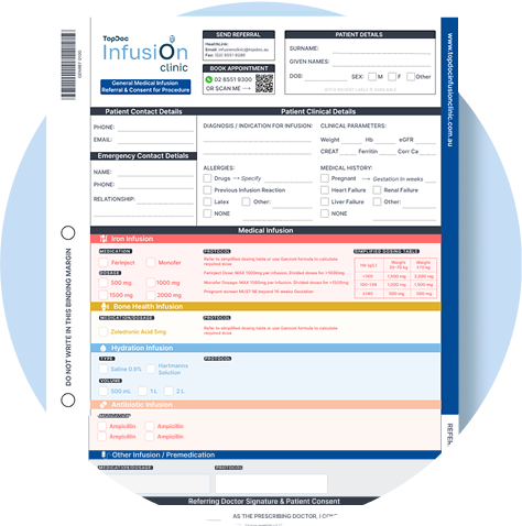 A medical infusion clinic referral form displaying patient details, medication options, clinical notes, and emergency contact information on a blue and white background.