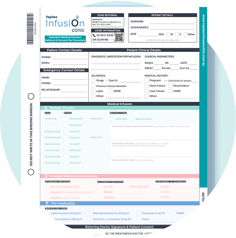 A medical referral form from an infusion clinic with sections for patient and contact details, clinical data, infusion orders, medication, and doctor’s signature.