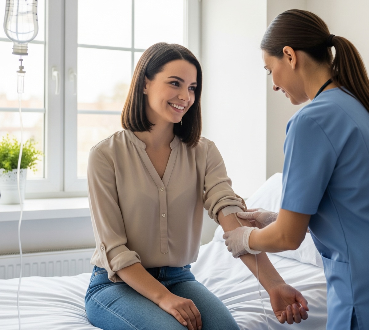 A nurse in scrubs prepares to draw blood from a smiling woman seated on a hospital bed near a window.