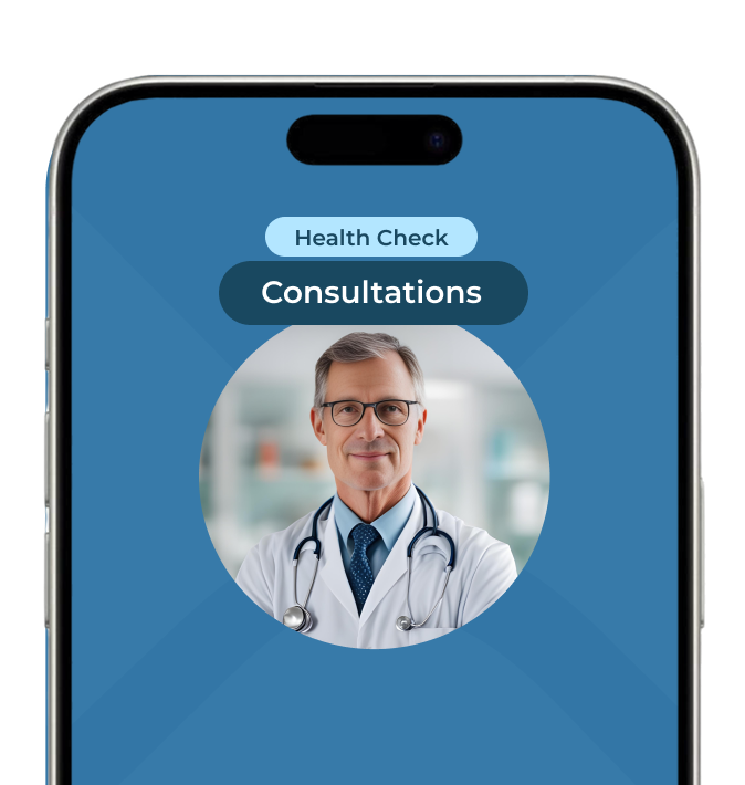 A smartphone screen displays a “Health Check Consultations” section with a photo of a male doctor wearing a white coat and stethoscope.